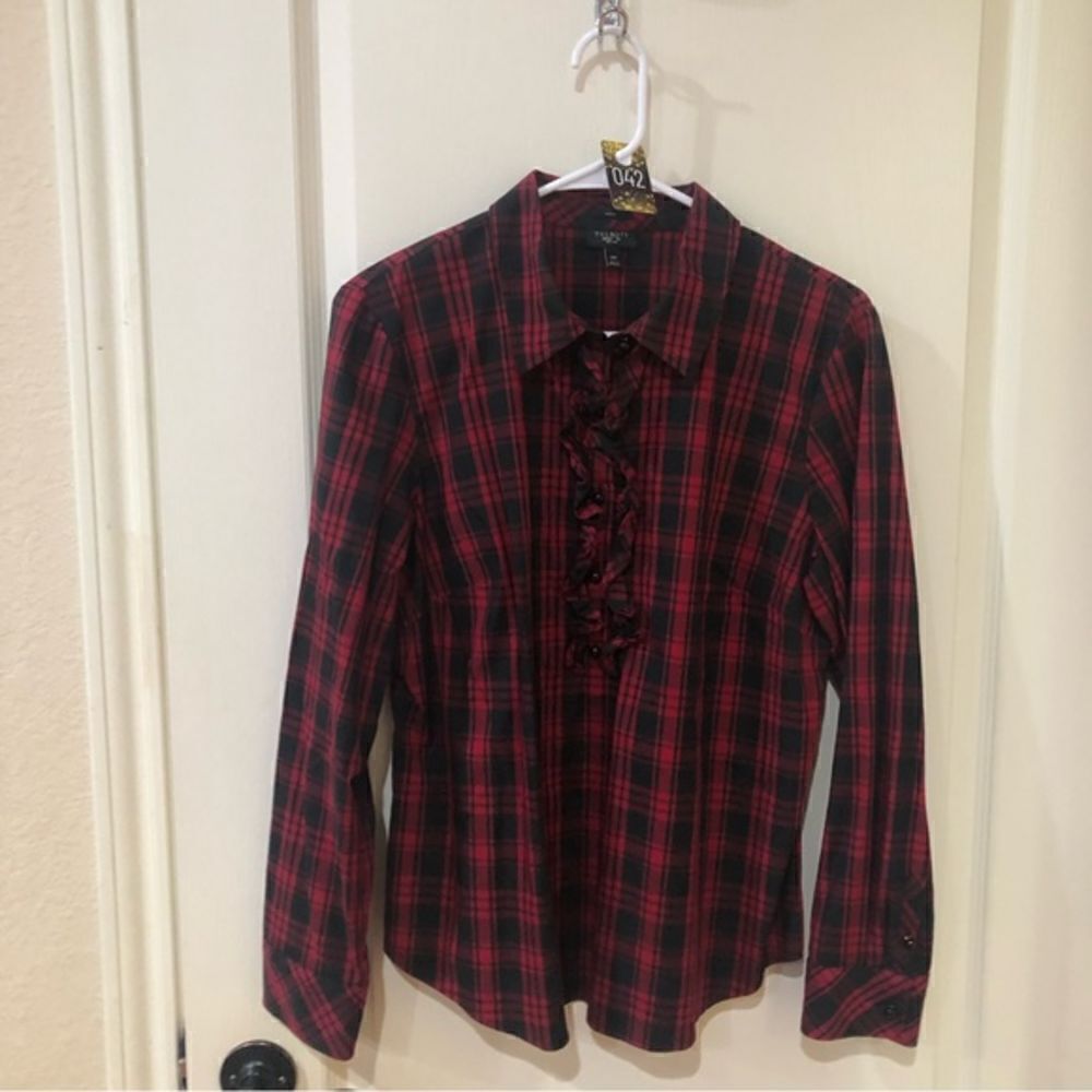 Talbots‎ Plaid ruffle trim 3/4 button blouse 14P